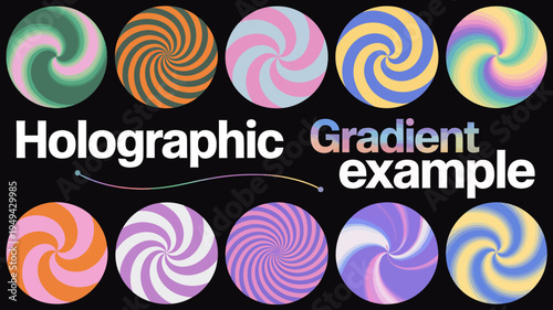 Holographic gradient swirl patterns with colorful geometric shapes and text on dark background