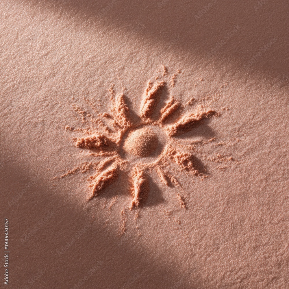 Naklejka premium Sunburst shape pressed into fine peach powder on matte surface with radial spikes and dramatic diagonal shadows, textural makeup motif emphasizing geometric organic pattern and warm tone