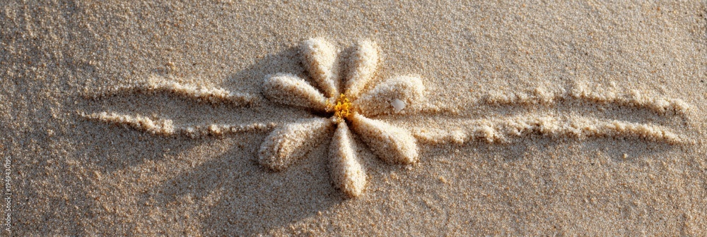 Naklejka premium Sand flower petals beach daisy design with raised center golden core and elongated horizontal pattern on smooth sand
