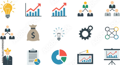 Business and finance icons set with lightbulb charts money bag gears and organizational structures.