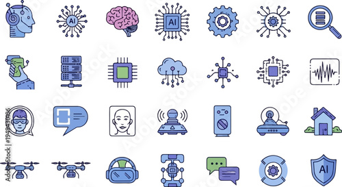Artificial Intelligence and Machine Learning Technology Icons Set.