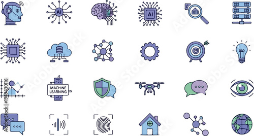 Artificial Intelligence and Machine Learning Technology Icons Set.