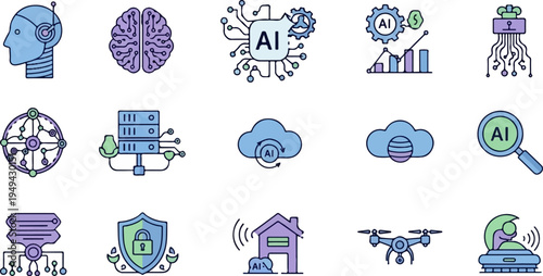 Artificial Intelligence and Cloud Computing Technology Icons Set.