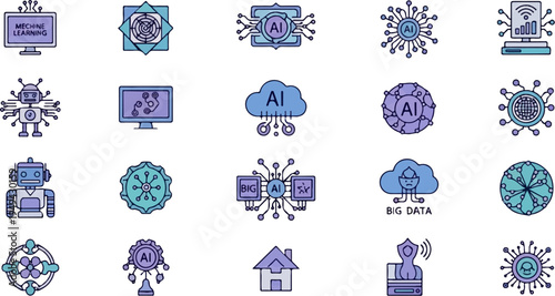 AI and Big Data Technology Icons Set for Digital Innovation.