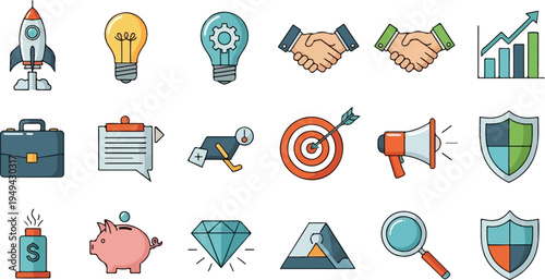 Collection of Business and Finance Icons Representing Strategy Success and Growth.