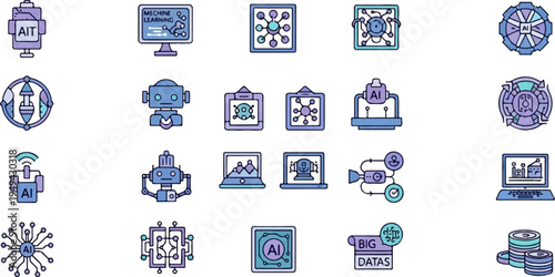Artificial Intelligence and Machine Learning Icons Set.