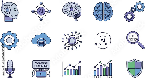 Artificial Intelligence and Machine Learning Icons Set Representing Modern Technology and Data Processing 6.