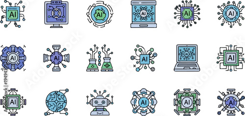 Artificial Intelligence Technology Icons Set.