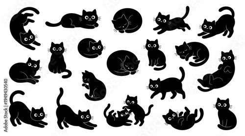 set of cute black cat silhouettes in various poses isolated on white background, concept for veterinary clinic branding, pet shop advertisement and animal shelter education
