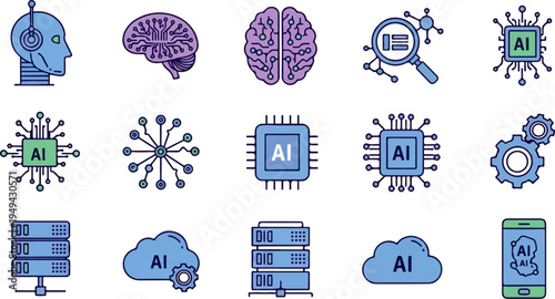 Artificial Intelligence and Machine Learning Icons Set.