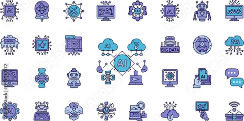 Artificial Intelligence and Machine Learning Icons Set.