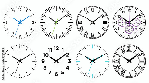 Set of minimalist wall clock faces with various numbers and roman numerals on white background, concept for time management planning, productivity scheduling and corporate agenda visualization