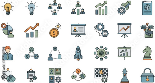 Comprehensive collection of business and startup strategy icons for various professional applications.