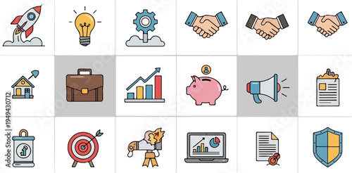 Business and Finance Icons Set Rocket Launch Idea Gear Handshake House Key Briefcase Growth Chart Piggy Bank Megaphone Clipboard Lantern Target Telescope Laptop Document Shield.
