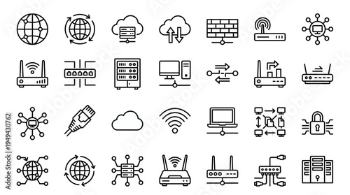 Set of network and internet connection black line icons representing data exchange, concept for digital infrastructure development, cloud system management and server security protocols