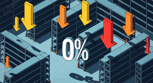Critical Low Stock with Zero Percent Indication and Descending Arrows in a Dark Warehouse Setting