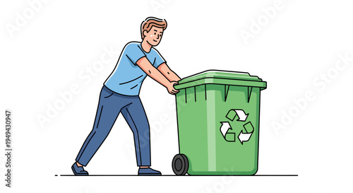 Man Pushing a Green Recycling Bin with Recycle Symbol, isolated white background