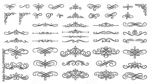 set of vintage calligraphic flourishes and decorative dividers isolated on white background, concept for wedding stationery design, editorial layout decoration and luxury branding