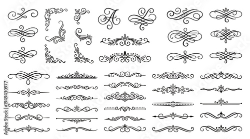 Set of black ornamental vintage dividers and flourishes with elegant swirls on white background, concept for wedding stationery design, editorial layout decoration and luxury branding projects