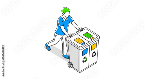 Person pushing modern isometric recycling bin, advocating for waste sorting and environmental responsibility, isolated white background.