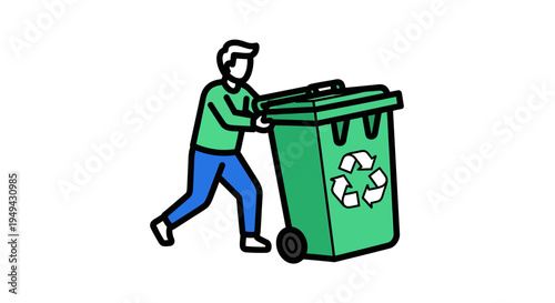 Man pushing green recycling bin, advocating for waste sorting and environmental protection, isolated white background.