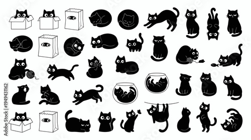 Set of cute black cat silhouettes in various poses and situations, concept for logo design, creative sticker pack and pet shop branding