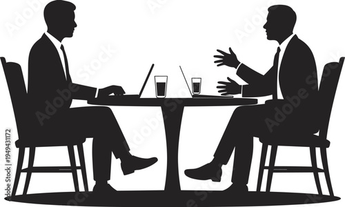 Business discussion silhouette, two businessmen talking at cafe table with laptop and drinks, corporate meeting, negotiation, partnership conversation concept