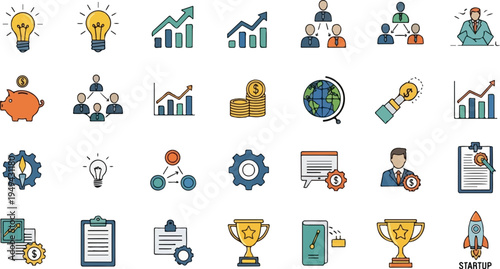 Comprehensive collection of business and startup icons for various applications.