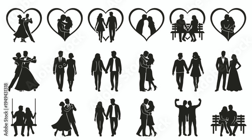 Set of black silhouettes of romantic couples in various loving poses and heart shapes, concept for wedding design, Valentine card branding and romantic event decoration