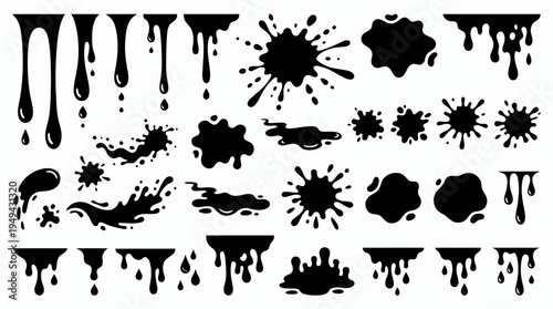 collection of black ink drips, splatters and liquid drops on white background, concept for graphic design assets, creative art projects and printing templates