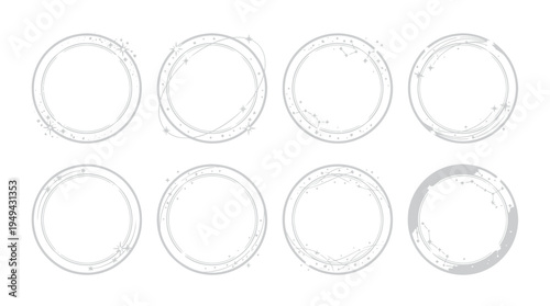 set of eight celestial circle frames with constellations and sparkles on white background, concept for luxury invitation design, astrology branding and ethereal stationery decoration