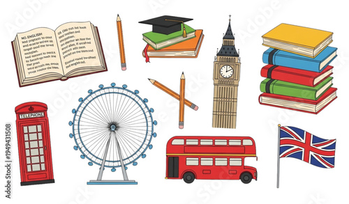 Hand Drawn English Education Vector Collection with Books and UK Icons