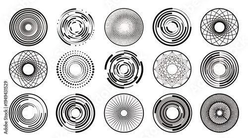 Set of abstract geometric circular design elements with halftone dots and radial lines, concept for digital branding identity, graphic design pattern and technological data visualization
