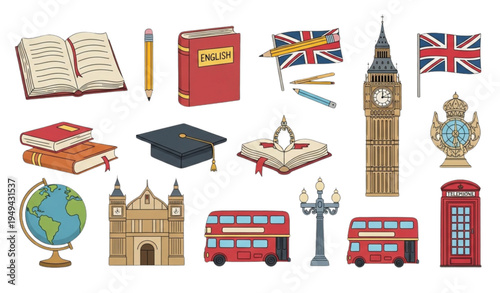 Whimsical English Learning Vector Illustration Set with British Culture Icons