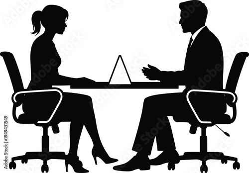 Business interview meeting between recruiter and candidate at office desk, professional discussion and hiring communication concept silhouette vector illustration