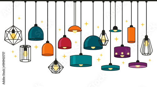 Set of various decorative pendant lamps and hanging ceiling lights with sparkling star accents, concept for interior design decoration, architectural lighting project and modern home renovation
