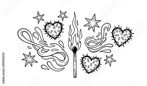 Abstract Black and White Tattoo Vector Set with Stars, Hearts, Flames, and Liquid Curves