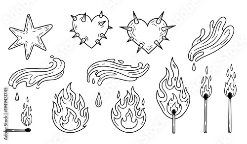Whimsical Black and White Tattoo Vector Set with Stars, Hearts, Flames, and Liquid Curves