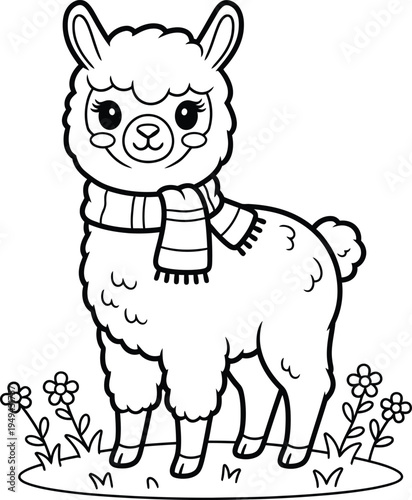 Cute Llama Coloring Page for Kids with Scarf Cartoon Alpaca Farm Animal Line Art