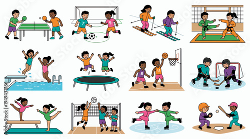 Set of diverse children playing various sports and physical activities in flat cartoon style, concept for healthy lifestyle education, school sports program and recreational activity promotion