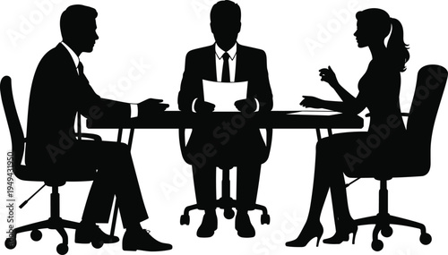 Business interview meeting silhouette, corporate manager reviewing documents with candidates at office desk, professional recruitment discussion flat vector illustration