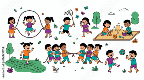 diverse group of happy children playing various outdoor games in park setting, concept for childhood education presentation, recreational activity design and school playground illustration