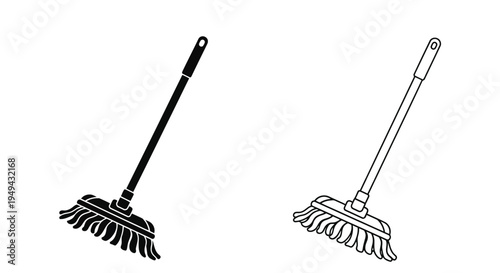 Two black and white illustrations of household mops against a white background