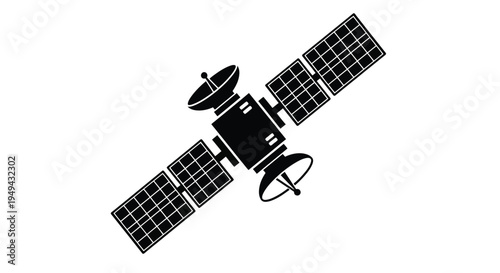 A simplified black silhouette of a satellite in outer space