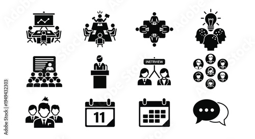 Business meeting presentation and teamwork icons in black and white