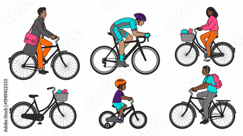 diverse group of people including marketing manager and professional athletes riding bicycles, concept for urban commuting, healthy lifestyle and active transportation