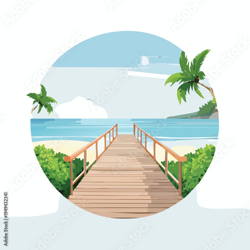 Wooden pier extending to ocean with palm trees under bright sky