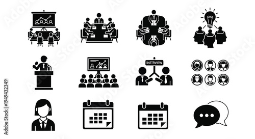 Business icons depicting meetings presentations interviews and communication