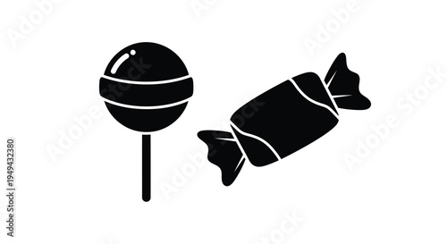 Black and white illustration of a lollipop and wrapped candy
