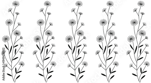 Botanical Seamless Pattern with Black Floral Branches, Elegant Wildflower Line Art Background, Hand Drawn Nature Illustration for Fabric, Textile, Wallpaper, Surface Pattern Design, and Modern Decor